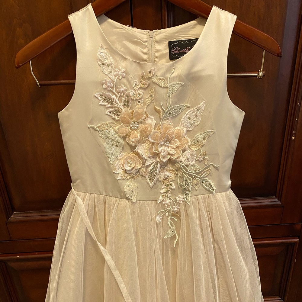 Girls formal dress, cream with floral pattern